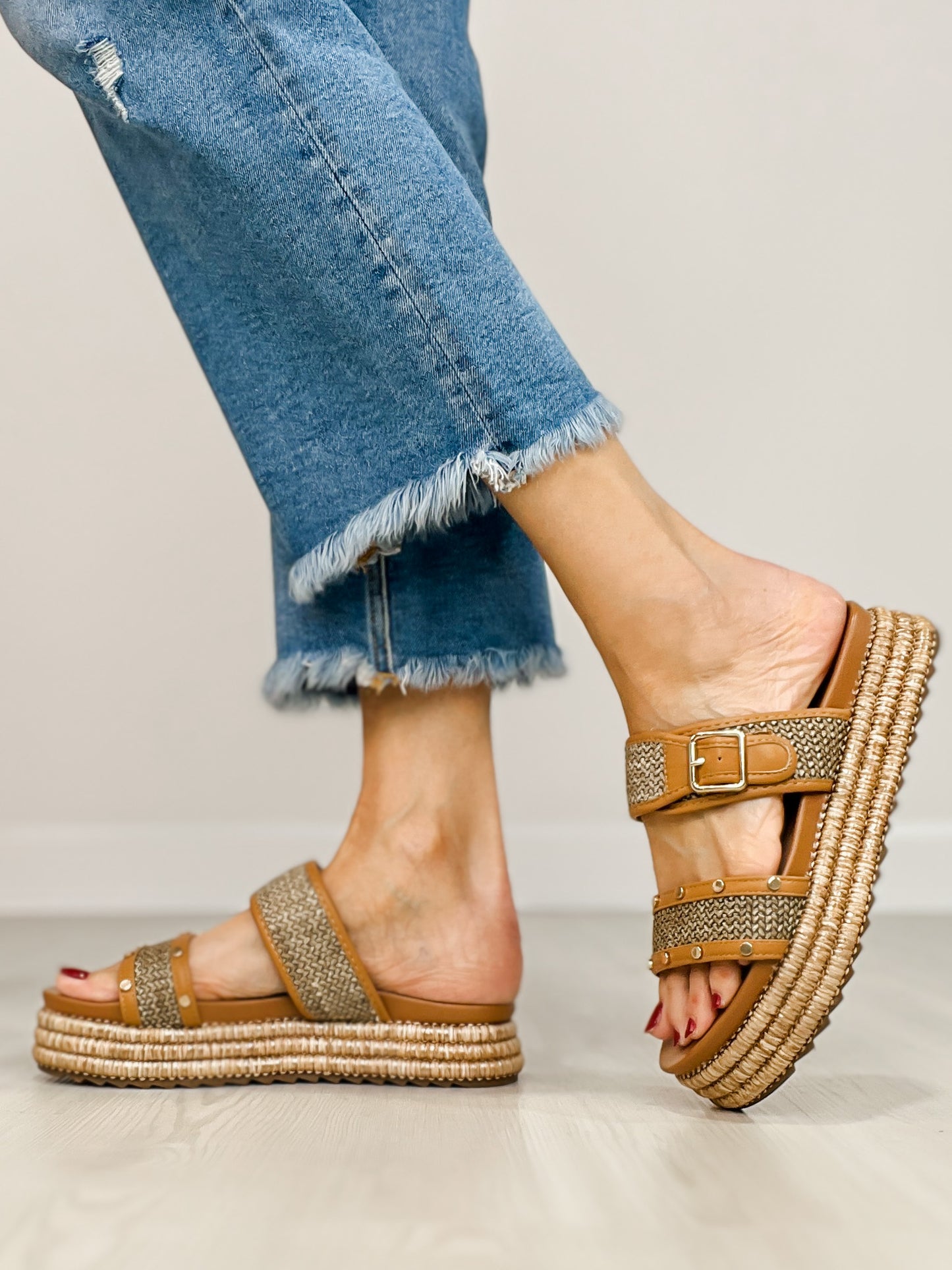Corkys Walk of Shame Double Strap Sandals in TAN RAFFIA