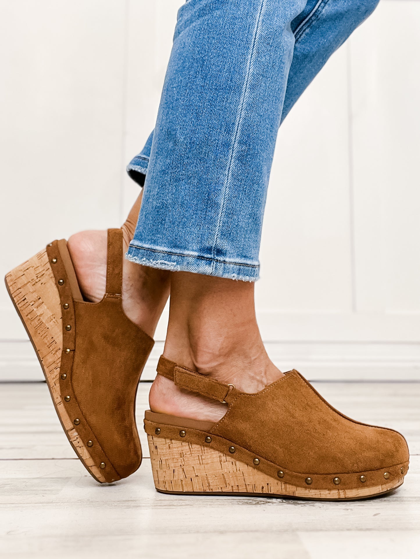 Corkys Make Em Blush Clog Wedges in Tobacco Faux Suede