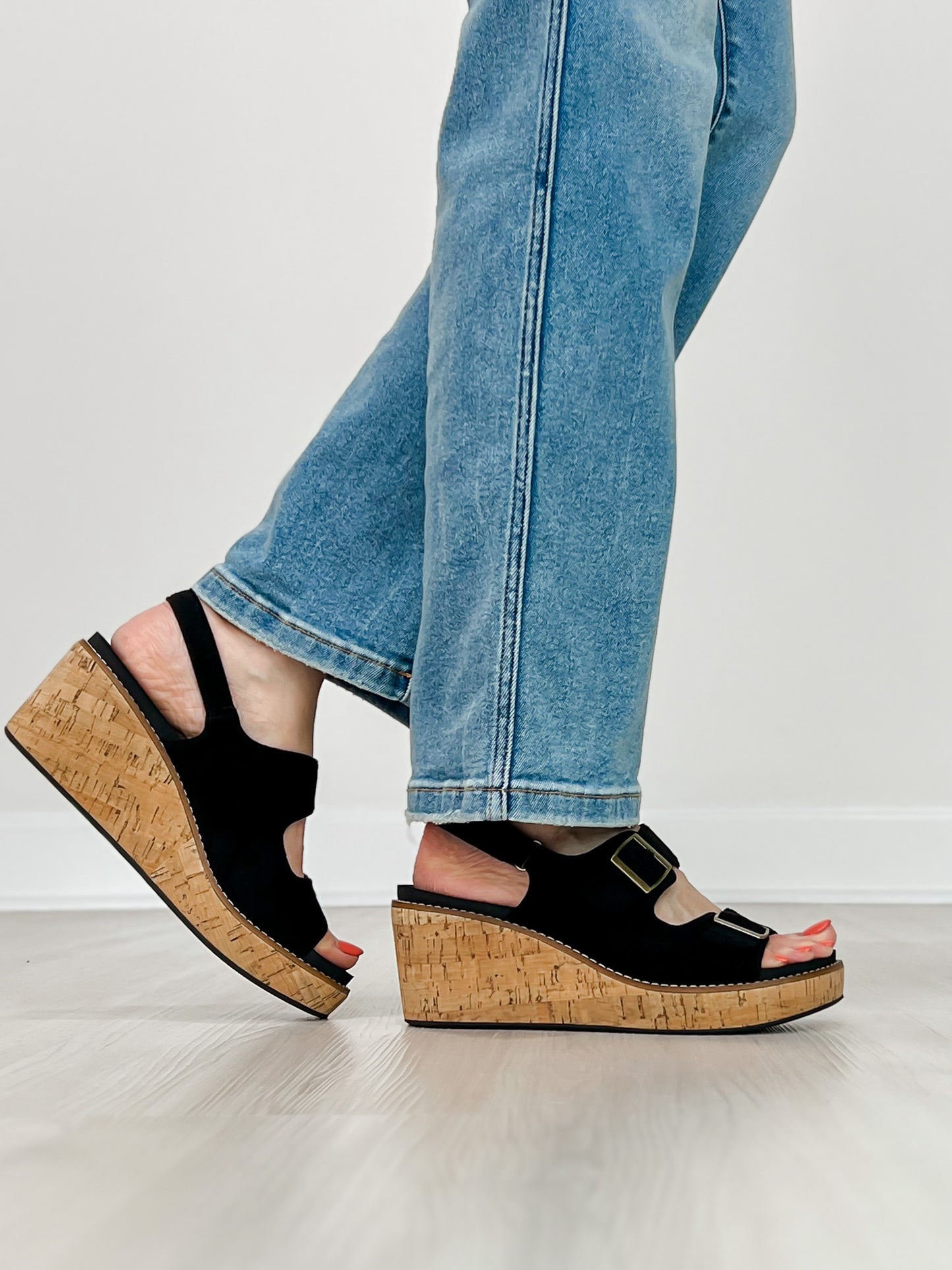Corkys My 2 Cents Wedges in BLACK FAUX SUEDE