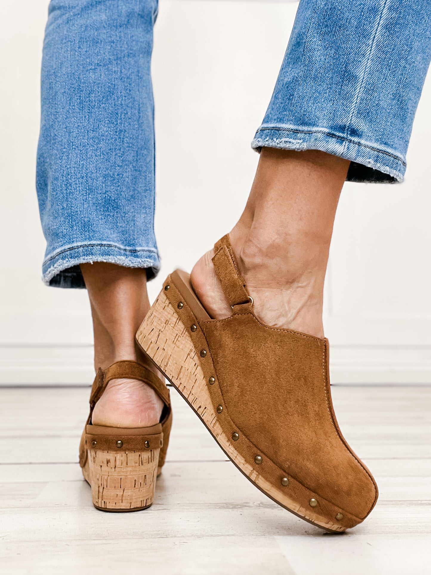 Corkys Make Em Blush Clog Wedges in Tobacco Faux Suede