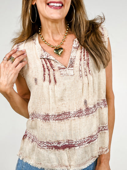 Sleeveless Top with Pintuck Lace Detail