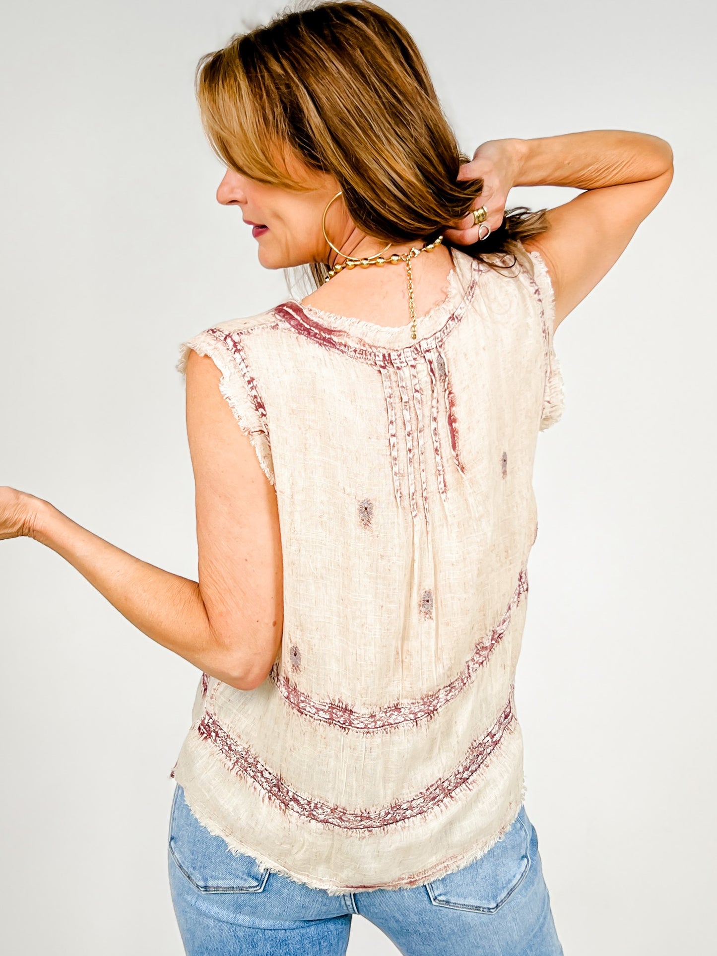Sleeveless Top with Pintuck Lace Detail