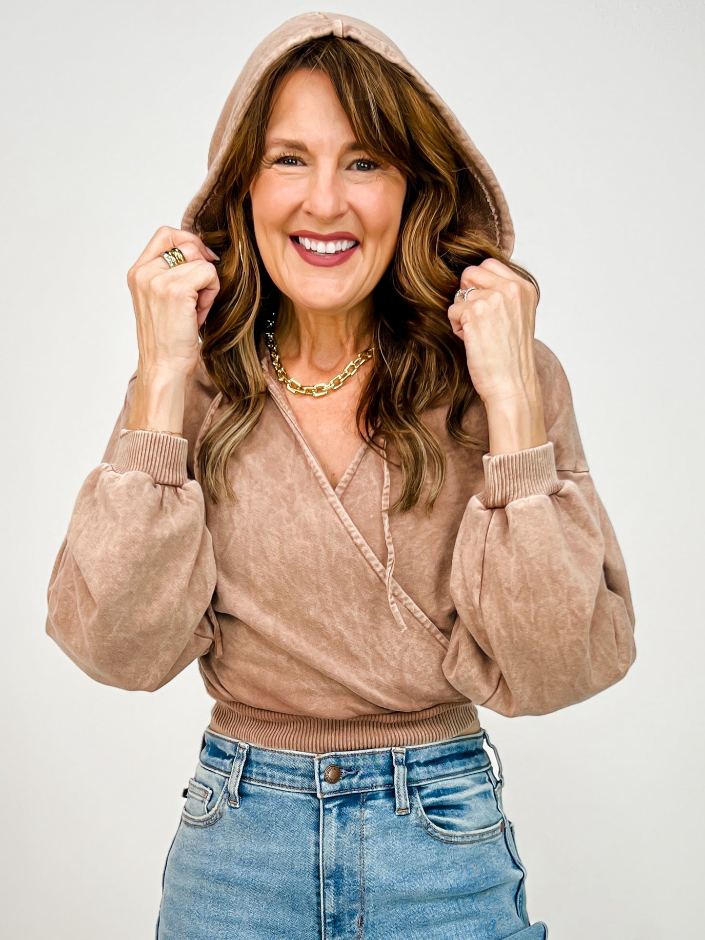Mineral Wash Surplice Cropped Hoodie Top