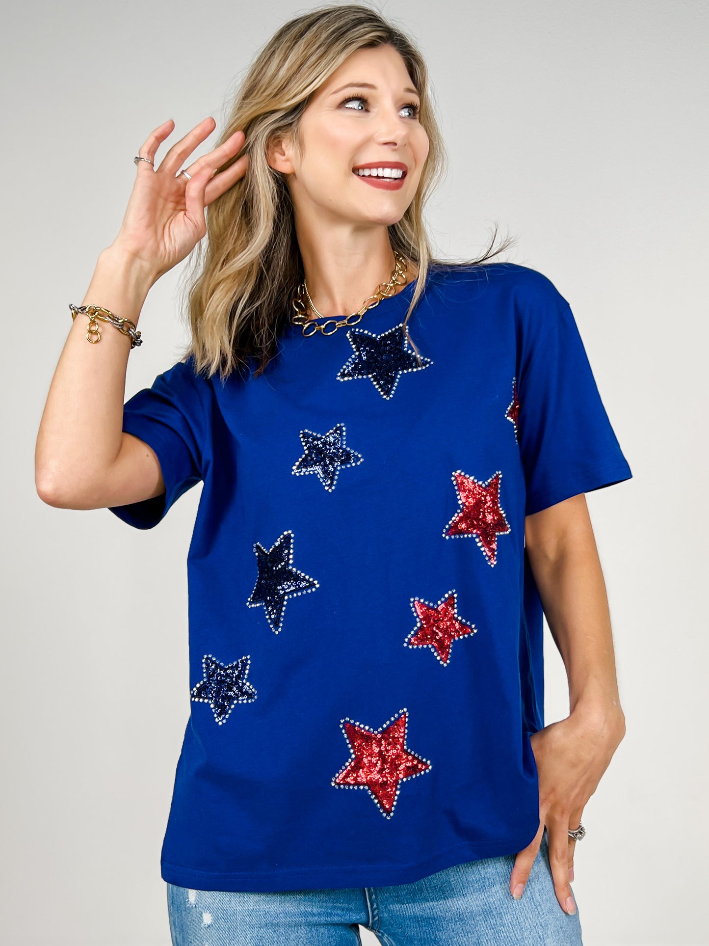 Short Sleeve Solid Knit Top with Sequin Heart Appliques