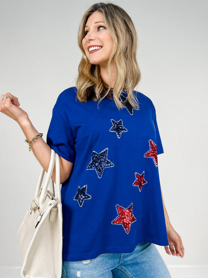 Short Sleeve Solid Knit Top with Sequin Heart Appliques