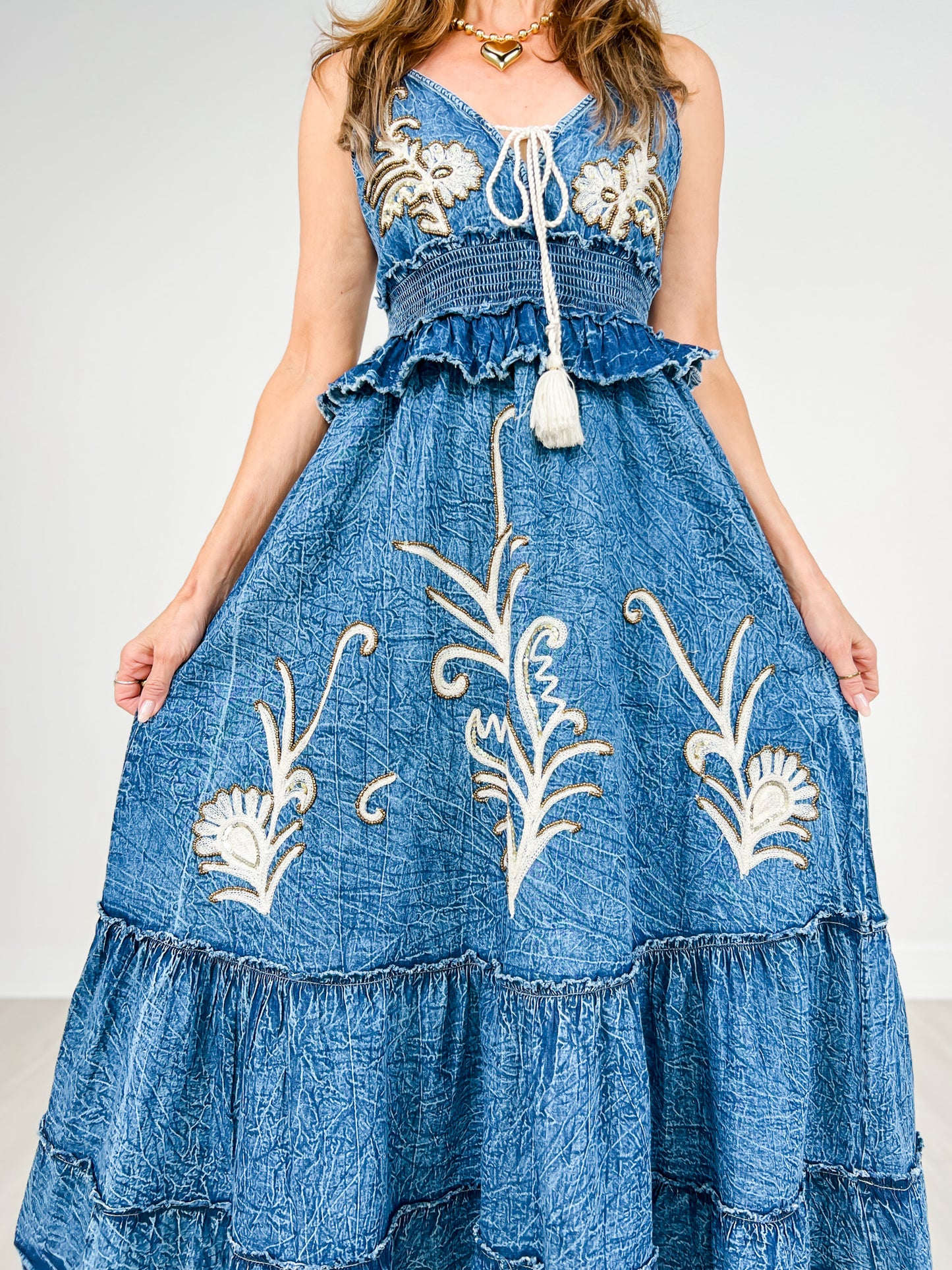 Sequin Embroidery Long V-Neck Maxi Dress
