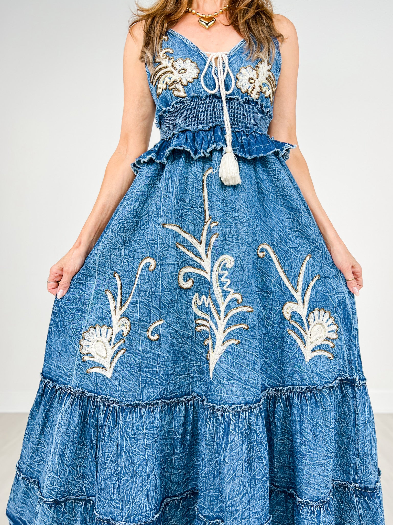 Sequin Embroidery Long V-Neck Maxi Dress