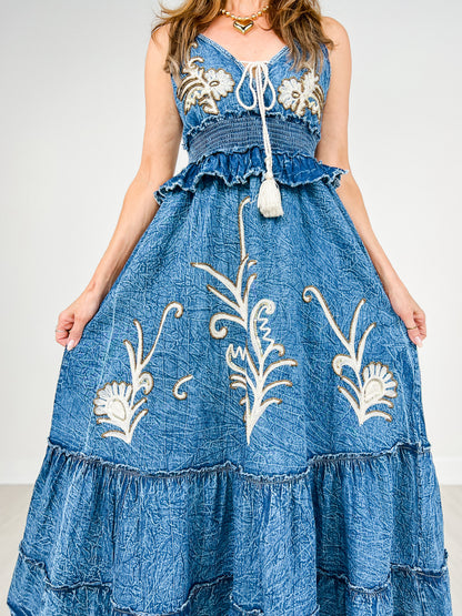 Sequin Embroidery Long V-Neck Maxi Dress