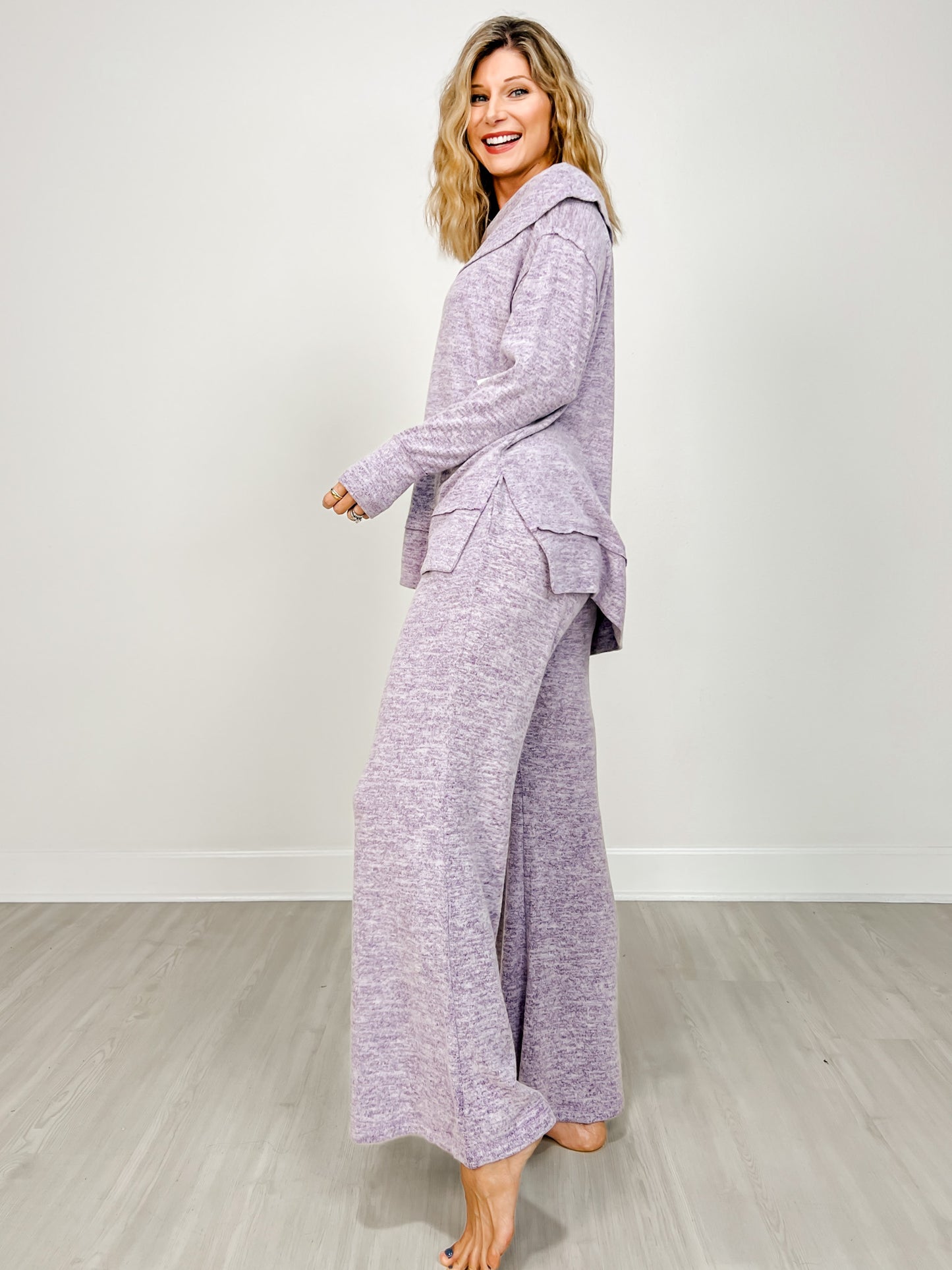 Two Piece Luxe Off Shoulder Top with Matching Pants in Eggplant