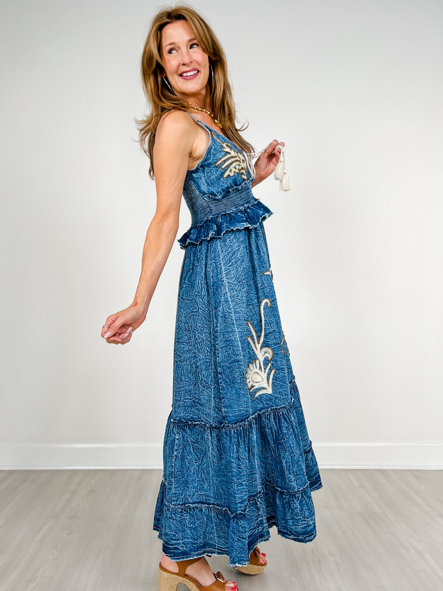 Sequin Embroidery Long V-Neck Maxi Dress