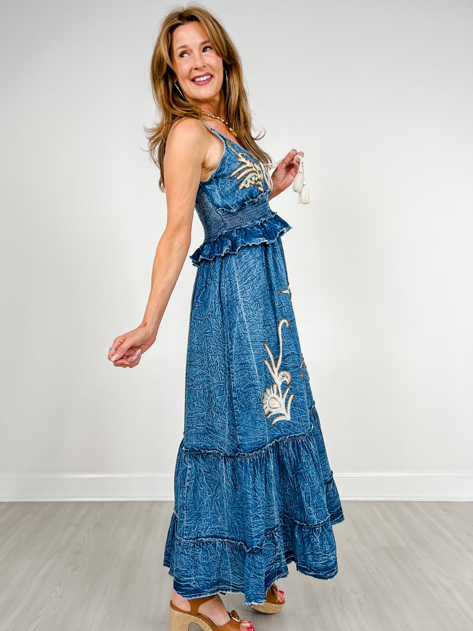 Sequin Embroidery Long V-Neck Maxi Dress