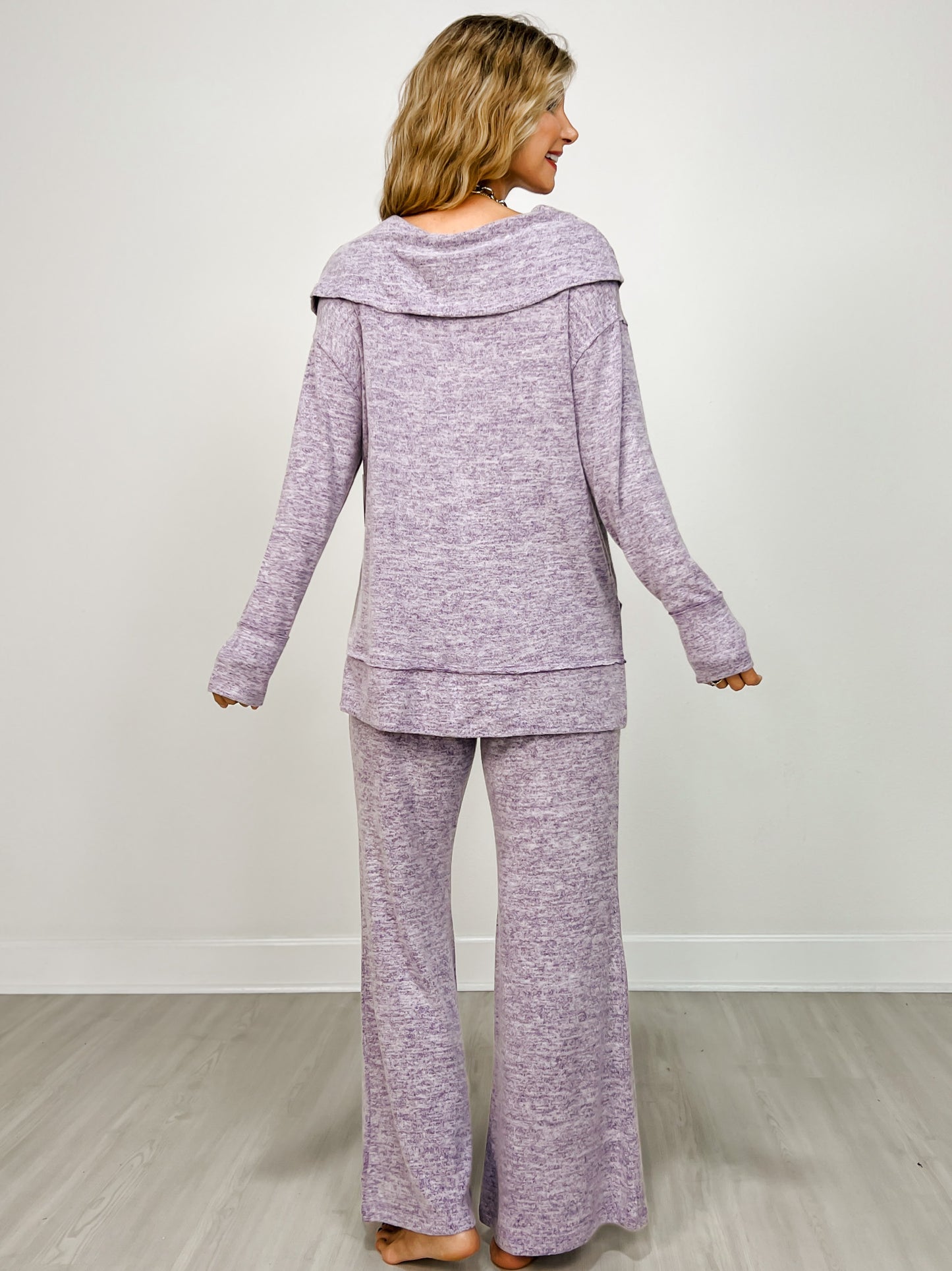 Two Piece Luxe Off Shoulder Top with Matching Pants in Eggplant