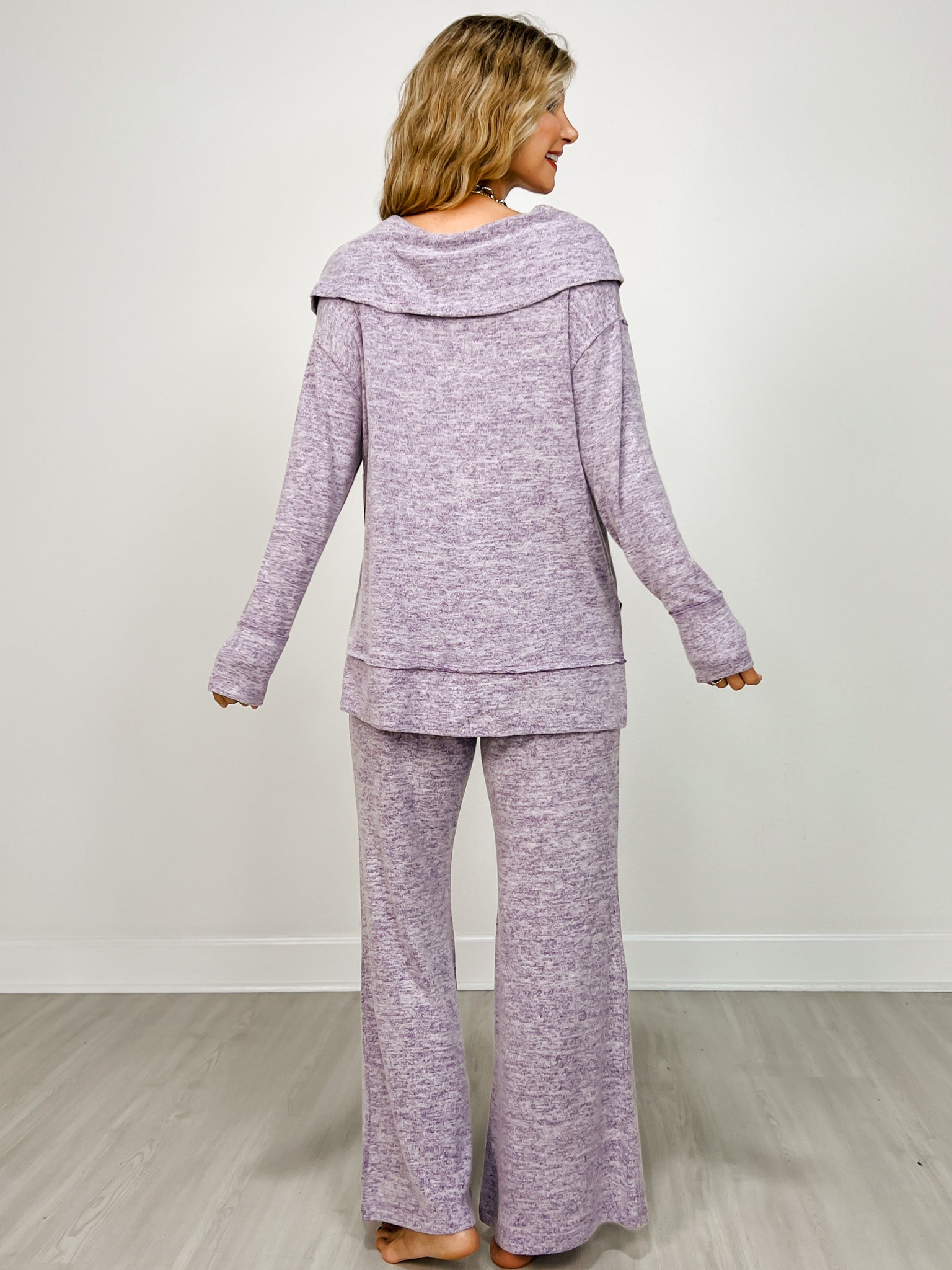 Two Piece Luxe Off Shoulder Top with Matching Pants in Eggplant