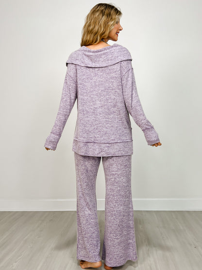 Two Piece Luxe Off Shoulder Top with Matching Pants in Eggplant
