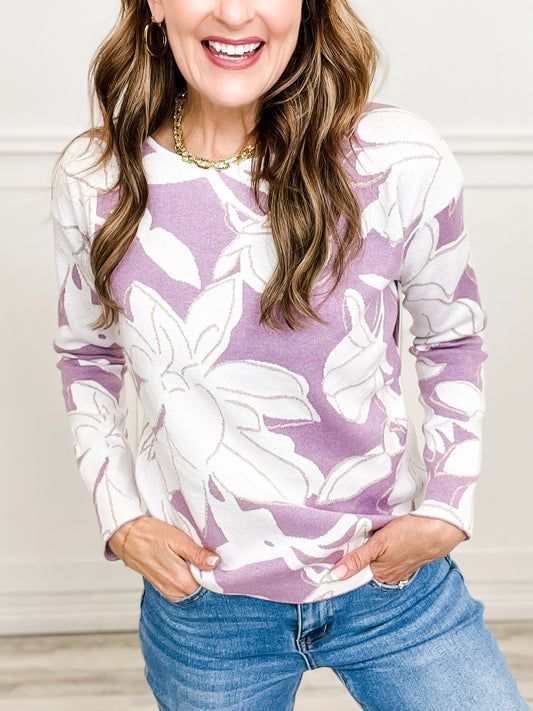 Jacquard Floral Print Boat Neck Pullover Sweater