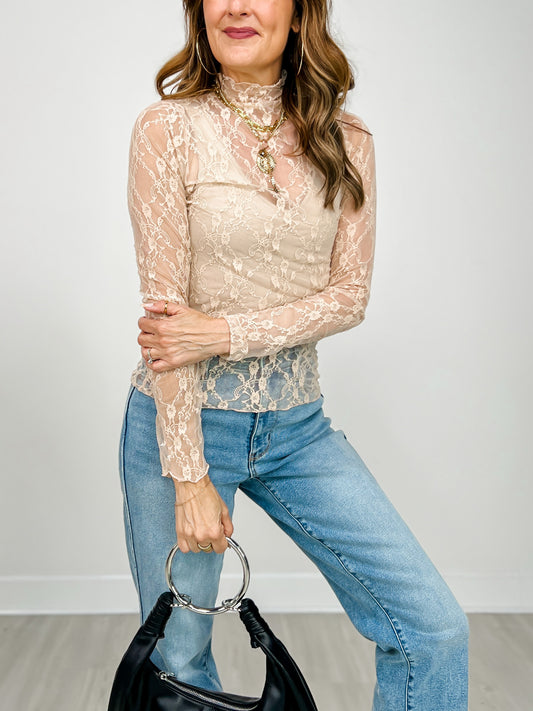 Long Sleeve Mock Neck Floral Lace Top