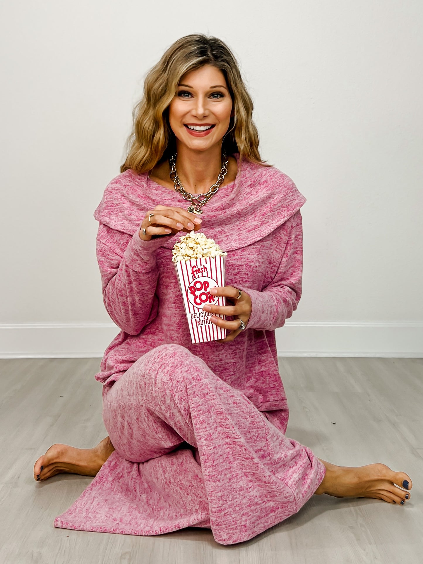 Two Piece Luxe Off Shoulder Top with Matching Pants in Ruby