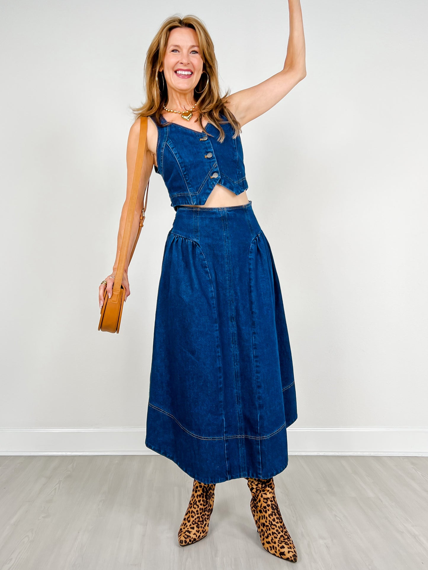 Denim Button Front Vest & Skirt Set