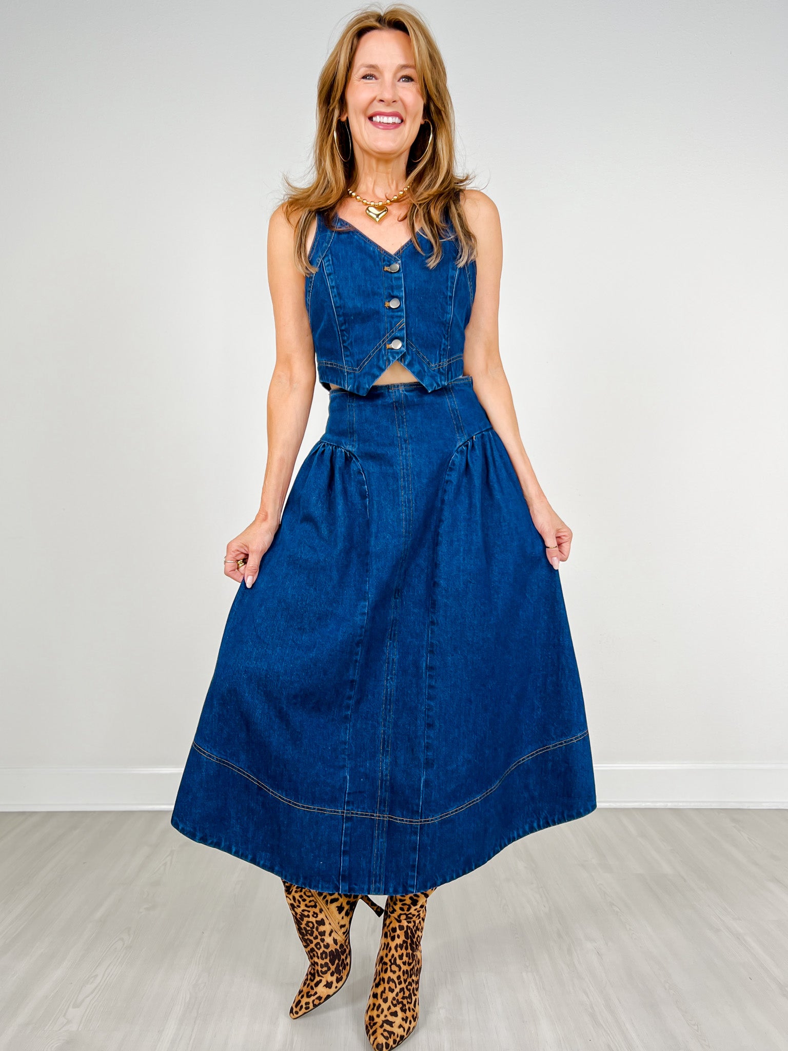 Denim Button Front Vest & Skirt Set