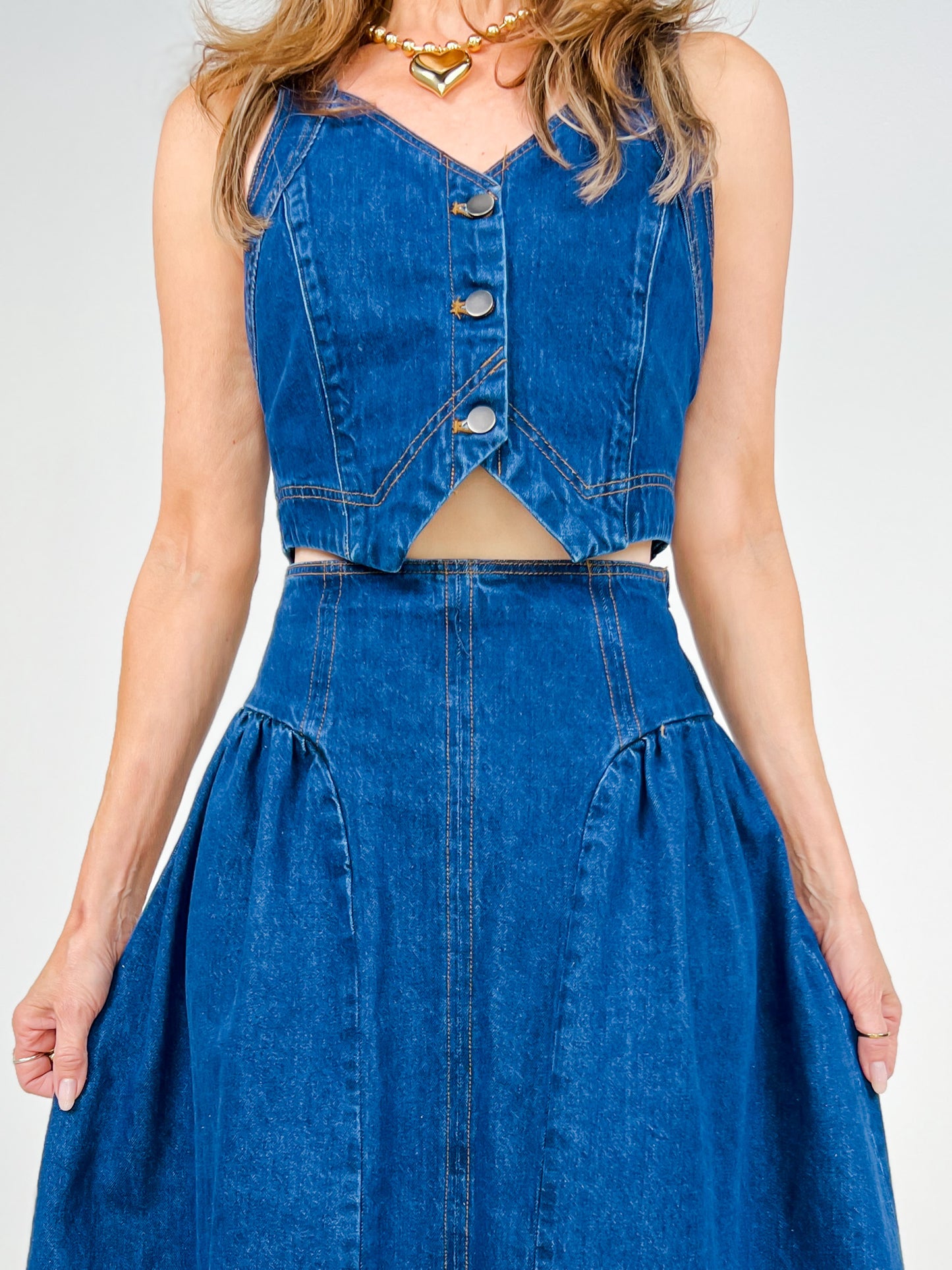 Denim Button Front Vest & Skirt Set