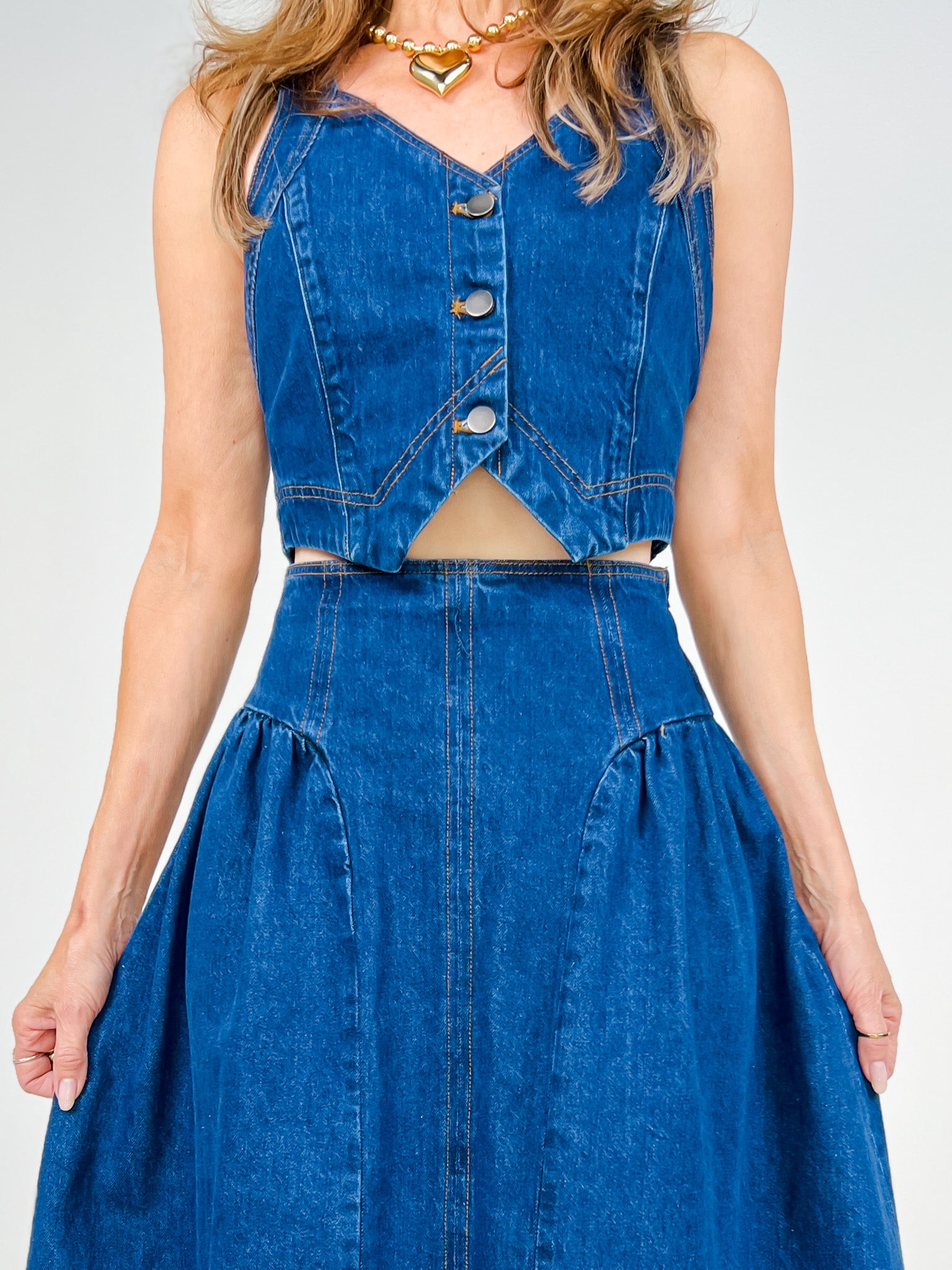 Denim Button Front Vest & Skirt Set
