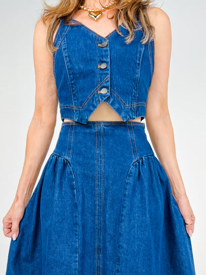 Denim Button Front Vest & Skirt Set