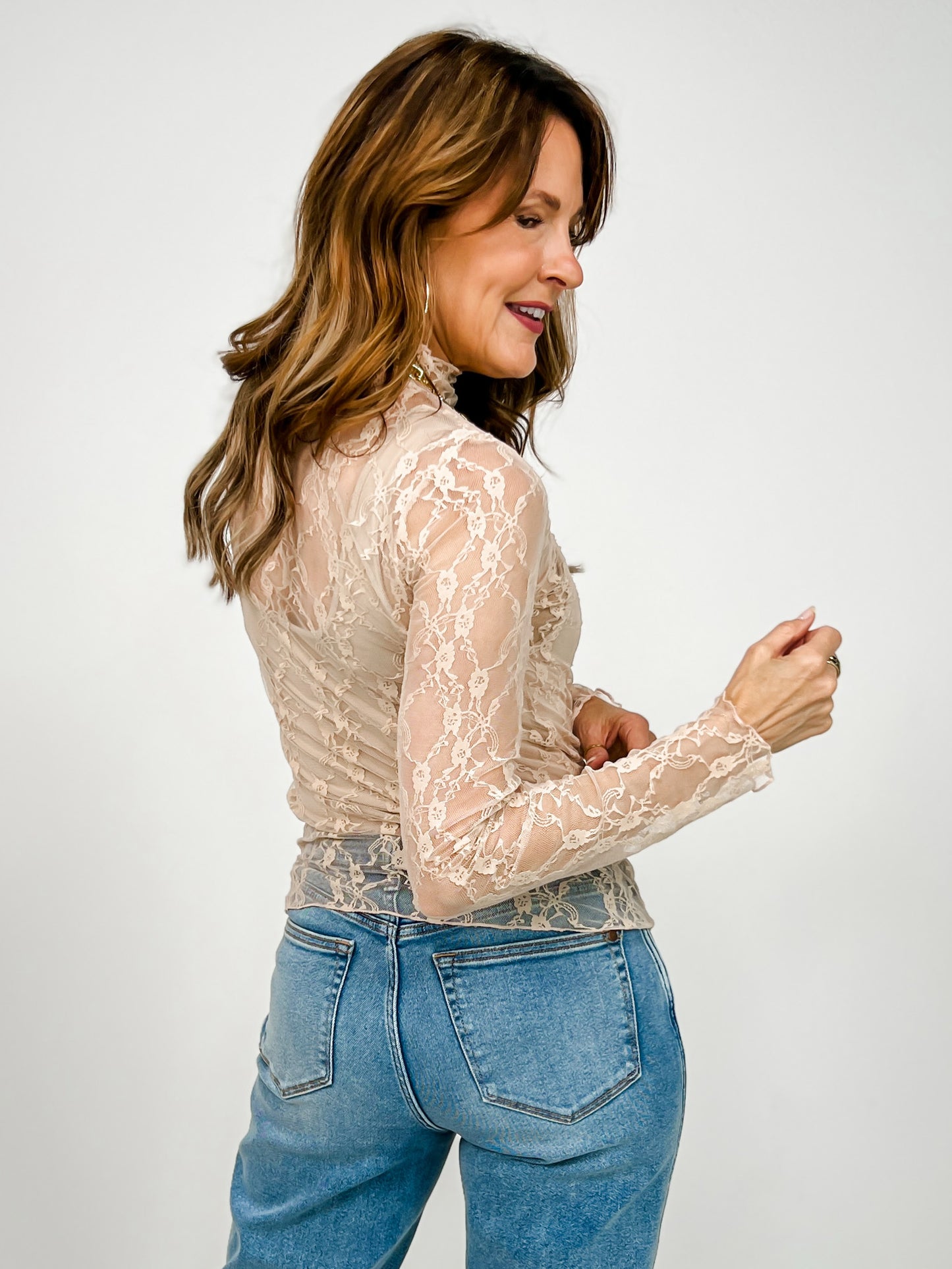 Long Sleeve Mock Neck Floral Lace Top