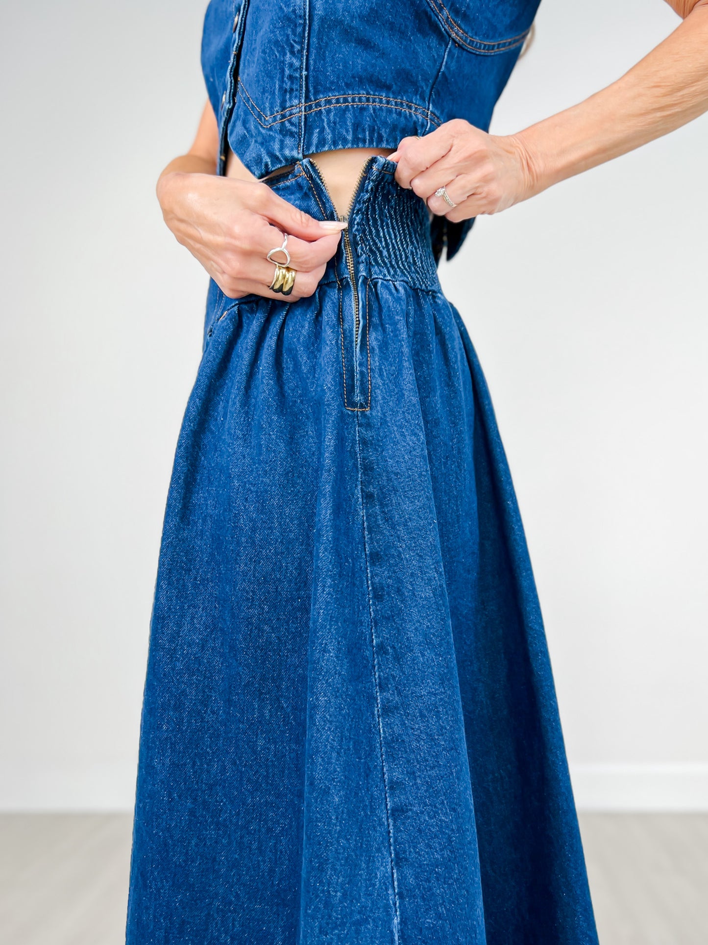 Denim Button Front Vest & Skirt Set