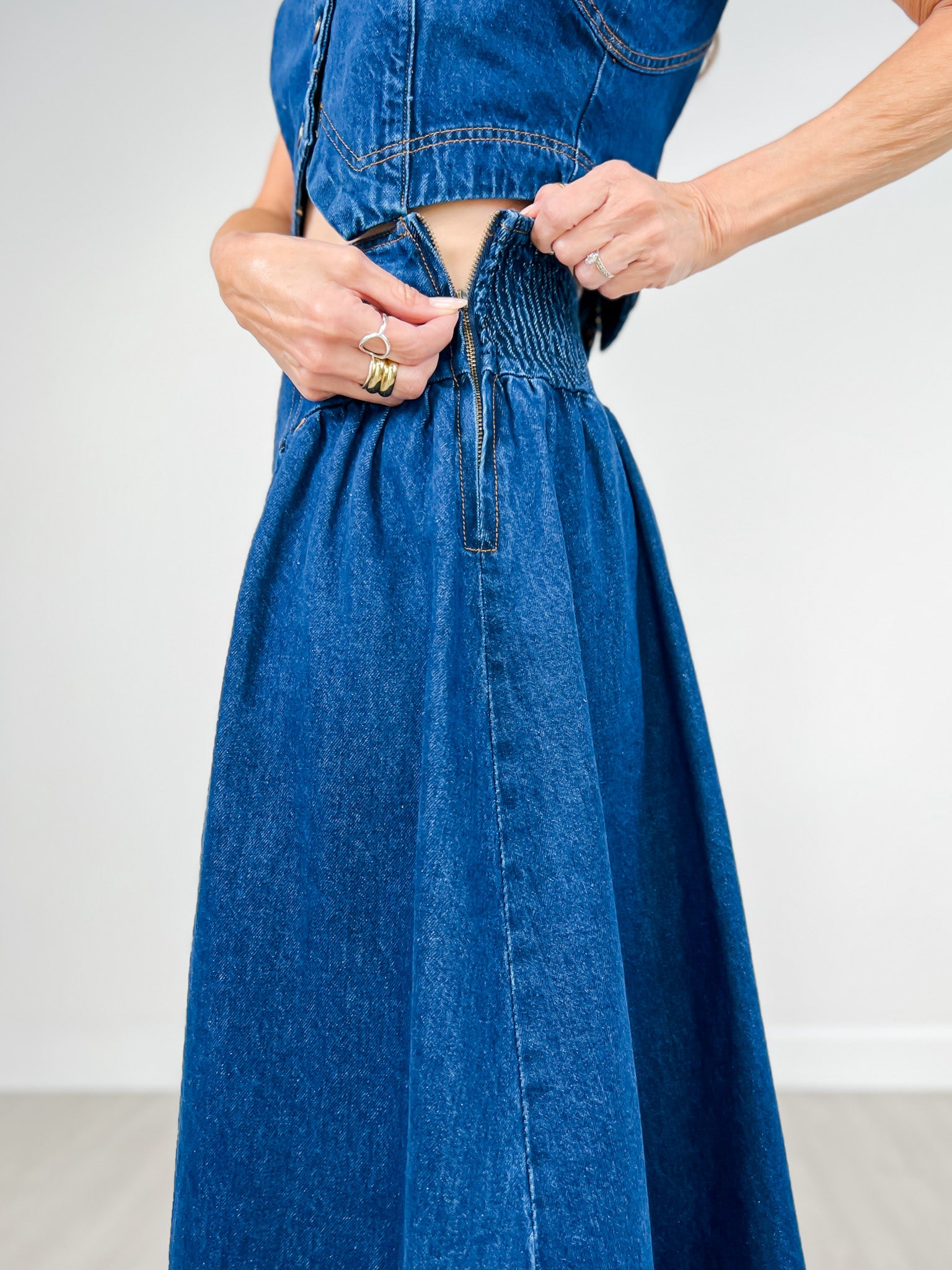 Denim Button Front Vest & Skirt Set
