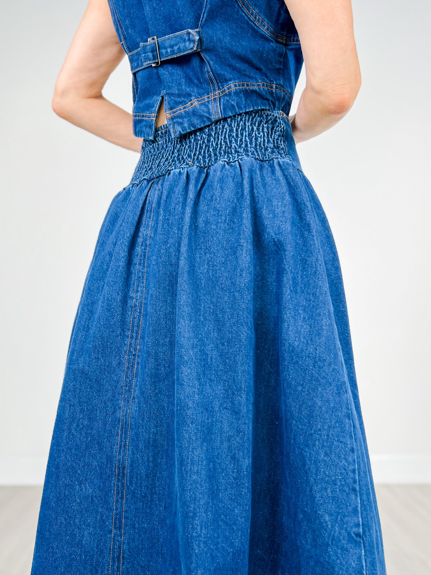Denim Button Front Vest & Skirt Set