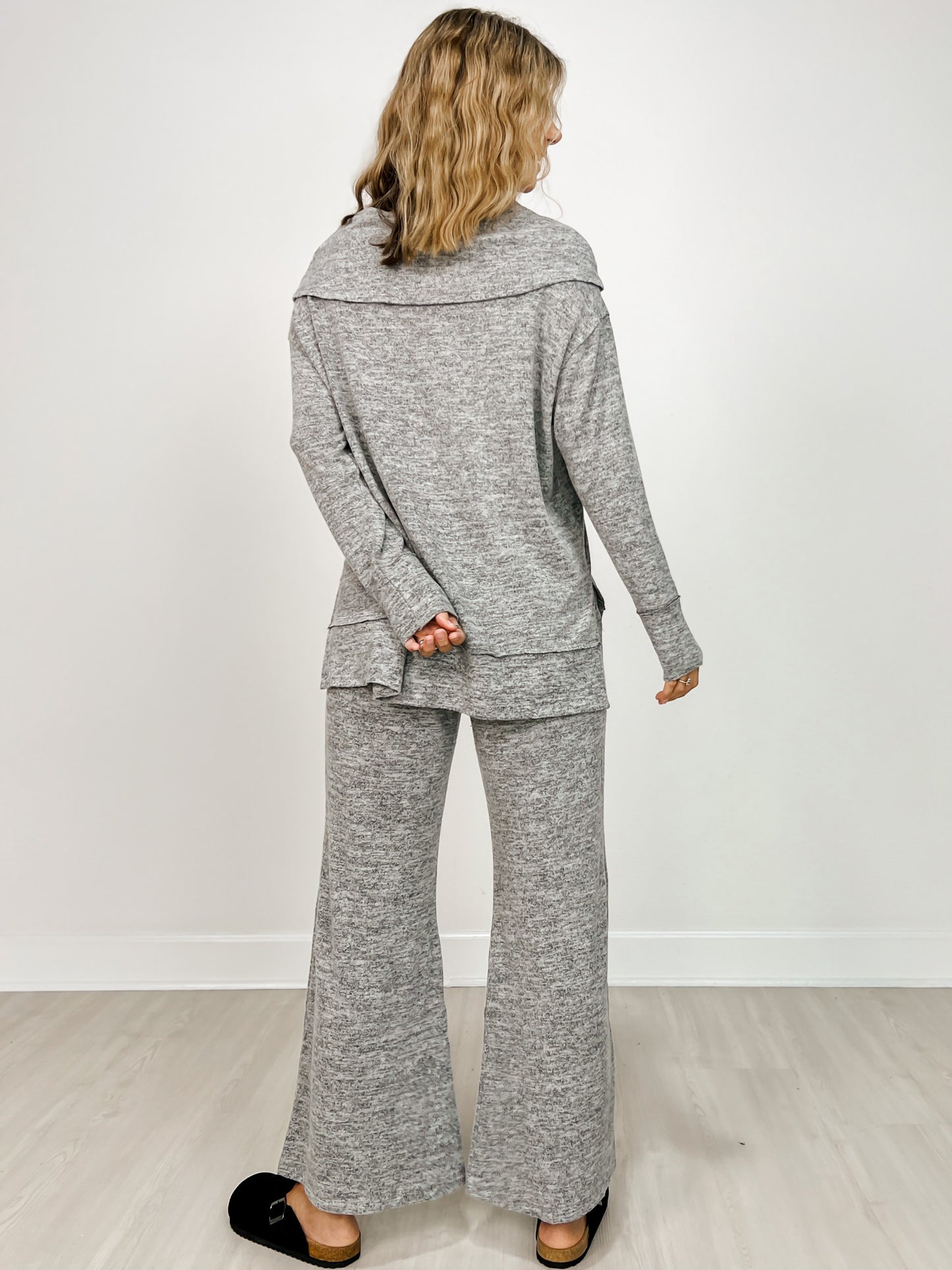 Two Piece Luxe Off Shoulder Top with Matching Pants in Charcoal Black