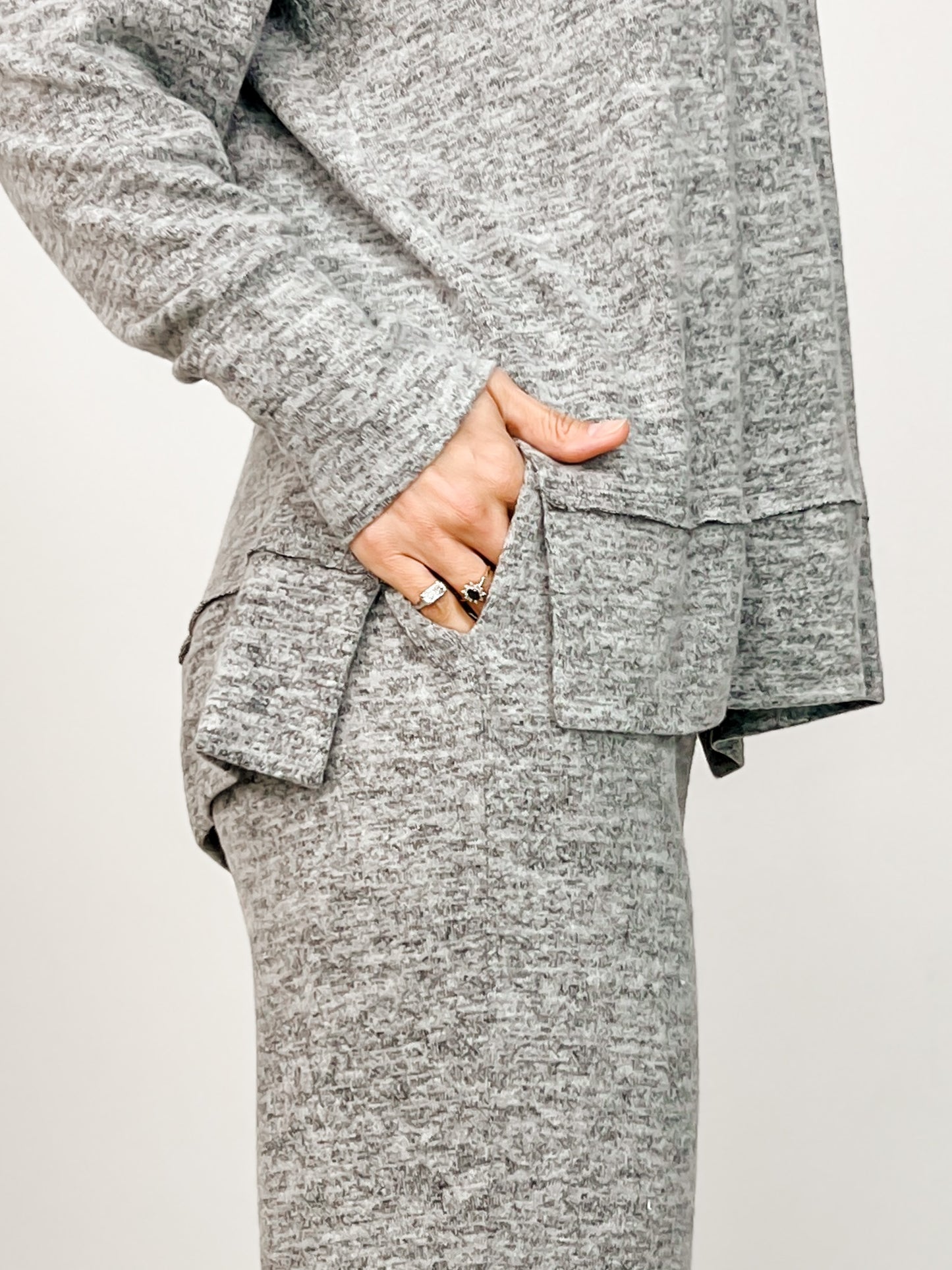 Two Piece Luxe Off Shoulder Top with Matching Pants in Charcoal Black