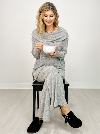 Two Piece Luxe Off Shoulder Top with Matching Pants in Charcoal Black