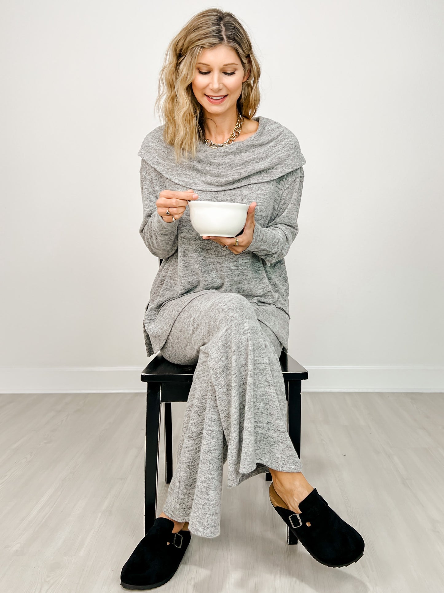 Two Piece Luxe Off Shoulder Top with Matching Pants in Charcoal Black