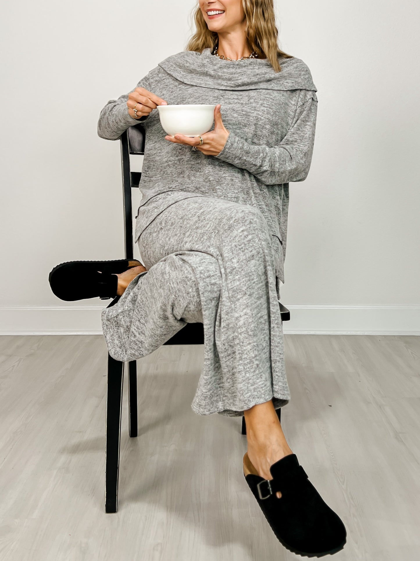 Two Piece Luxe Off Shoulder Top with Matching Pants in Charcoal Black