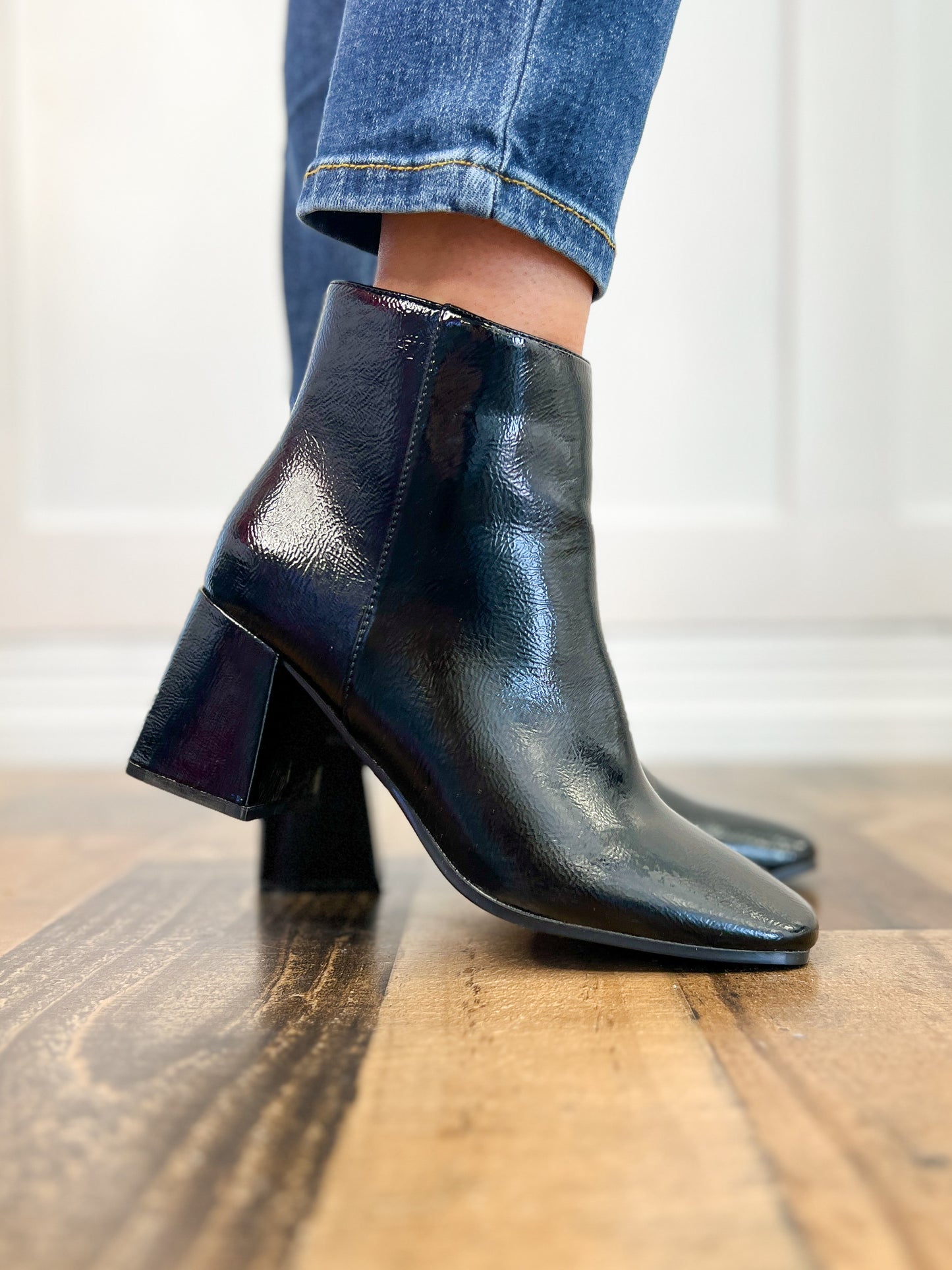 Corkys Felicia Block Heel Boots in Black Patent