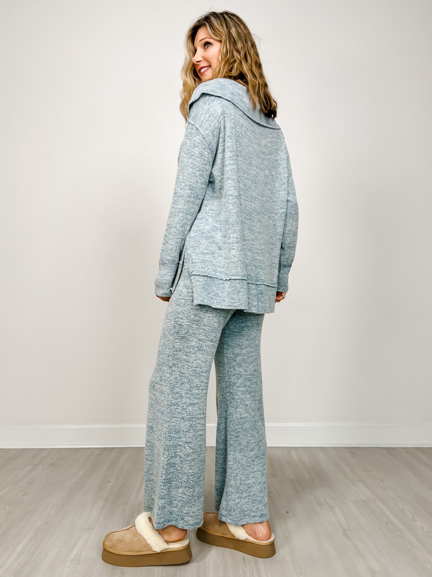 Two Piece Luxe Off Shoulder Top with Matching Pants in Dark Teal