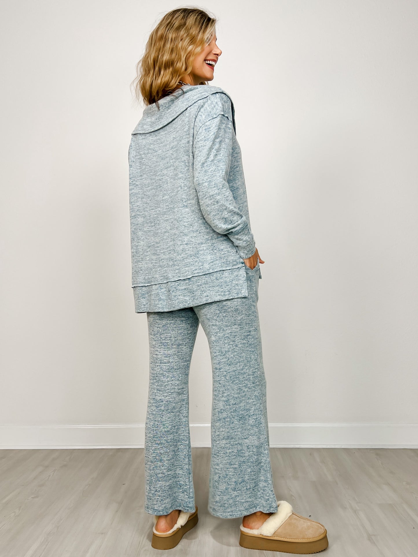 Two Piece Luxe Off Shoulder Top with Matching Pants in Dark Teal