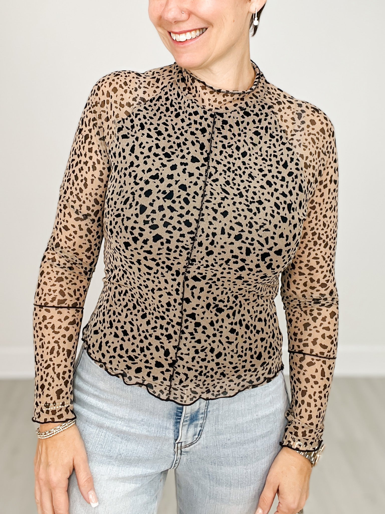 Long Sleeve Mesh Animal Print Mock Neck Top with Thumb Holes
