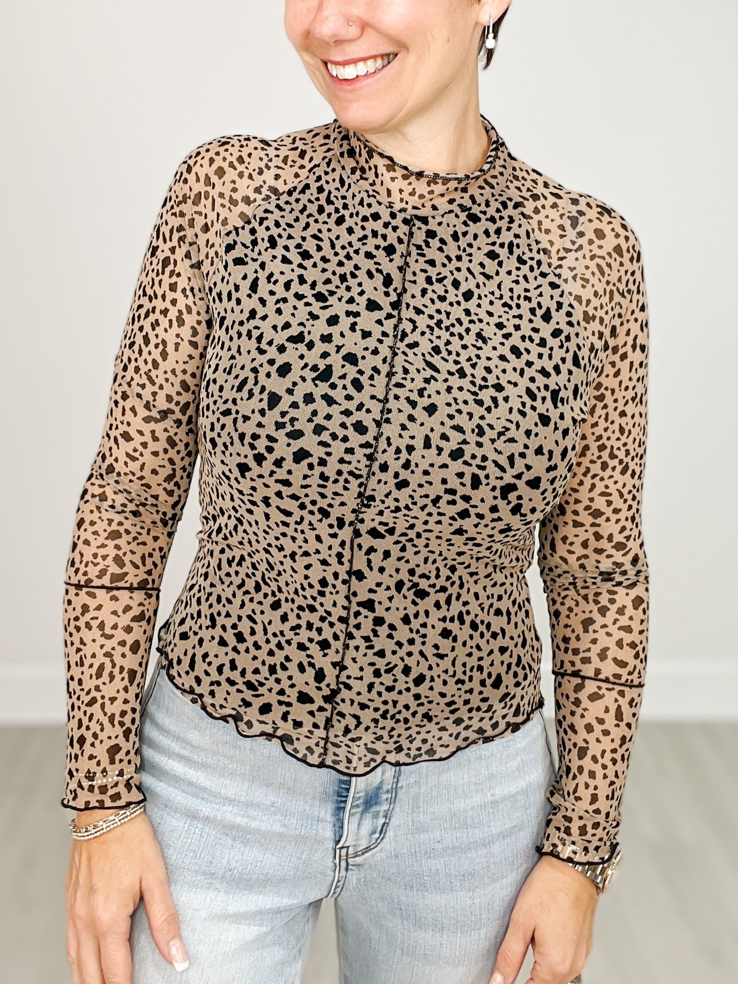 Long Sleeve Mesh Animal Print Mock Neck Top with Thumb Holes