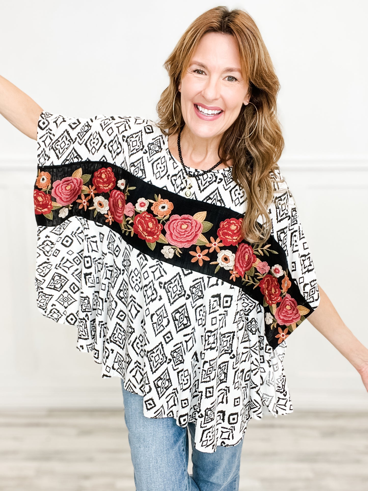 Floral Embroidered Woven Loose Fit Poncho Top