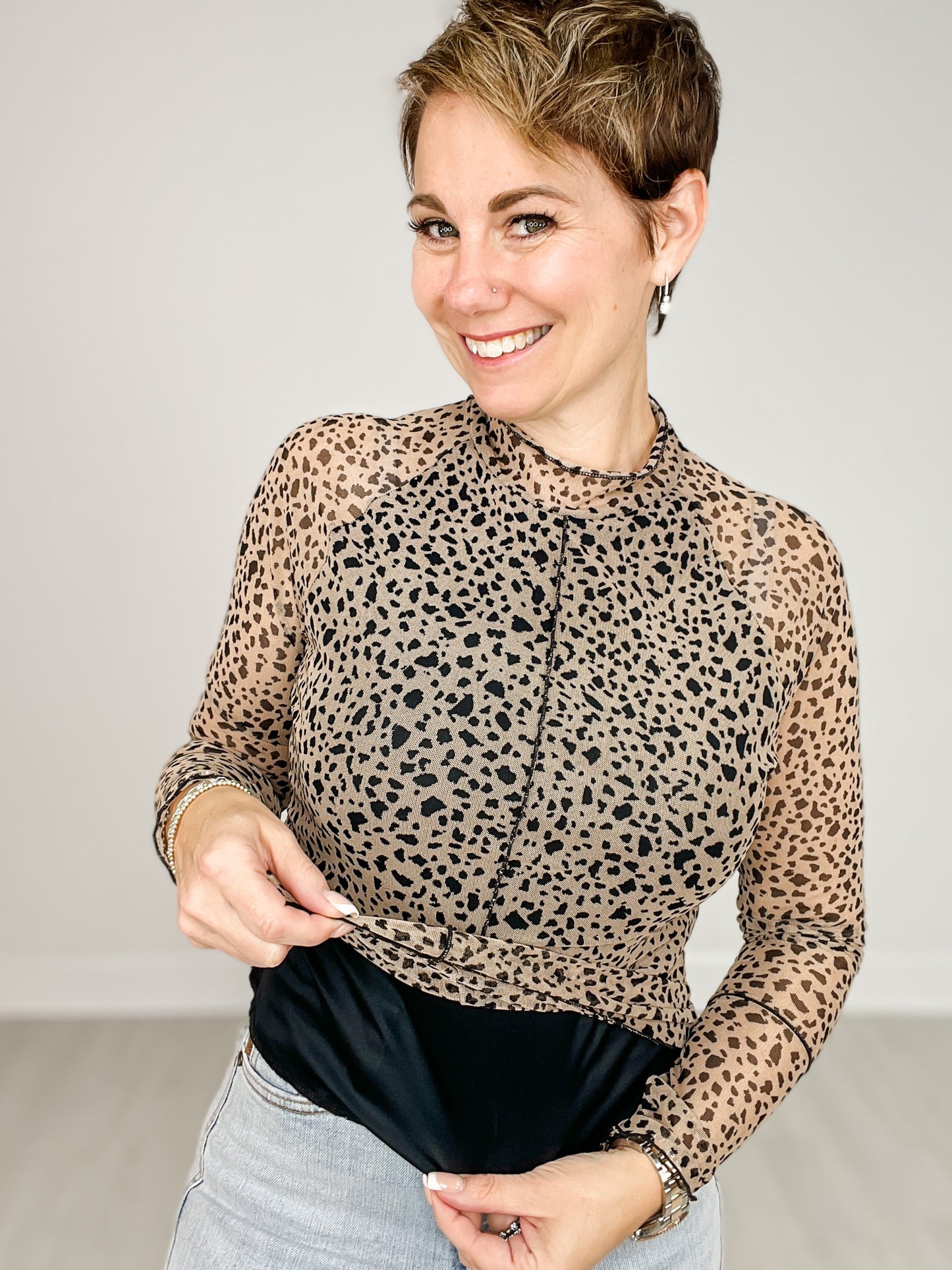 Long Sleeve Mesh Animal Print Mock Neck Top with Thumb Holes