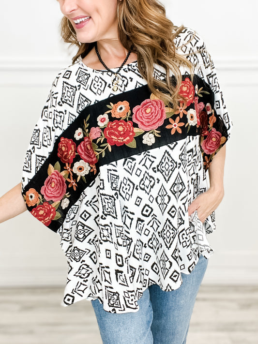 Floral Embroidered Woven Loose Fit Poncho Top