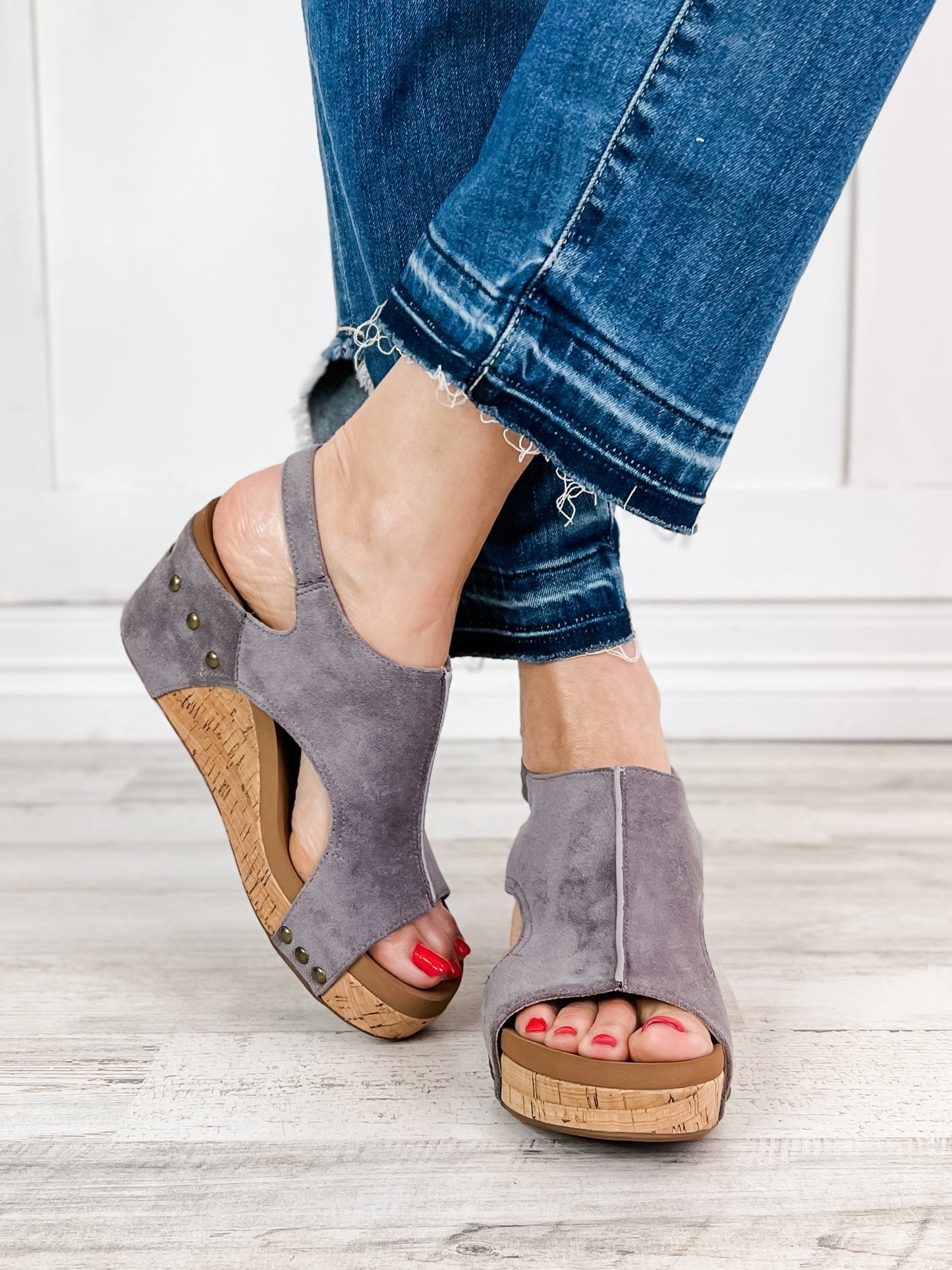 Corkys Carley Light Grey Faux Suede Wedge Shoe