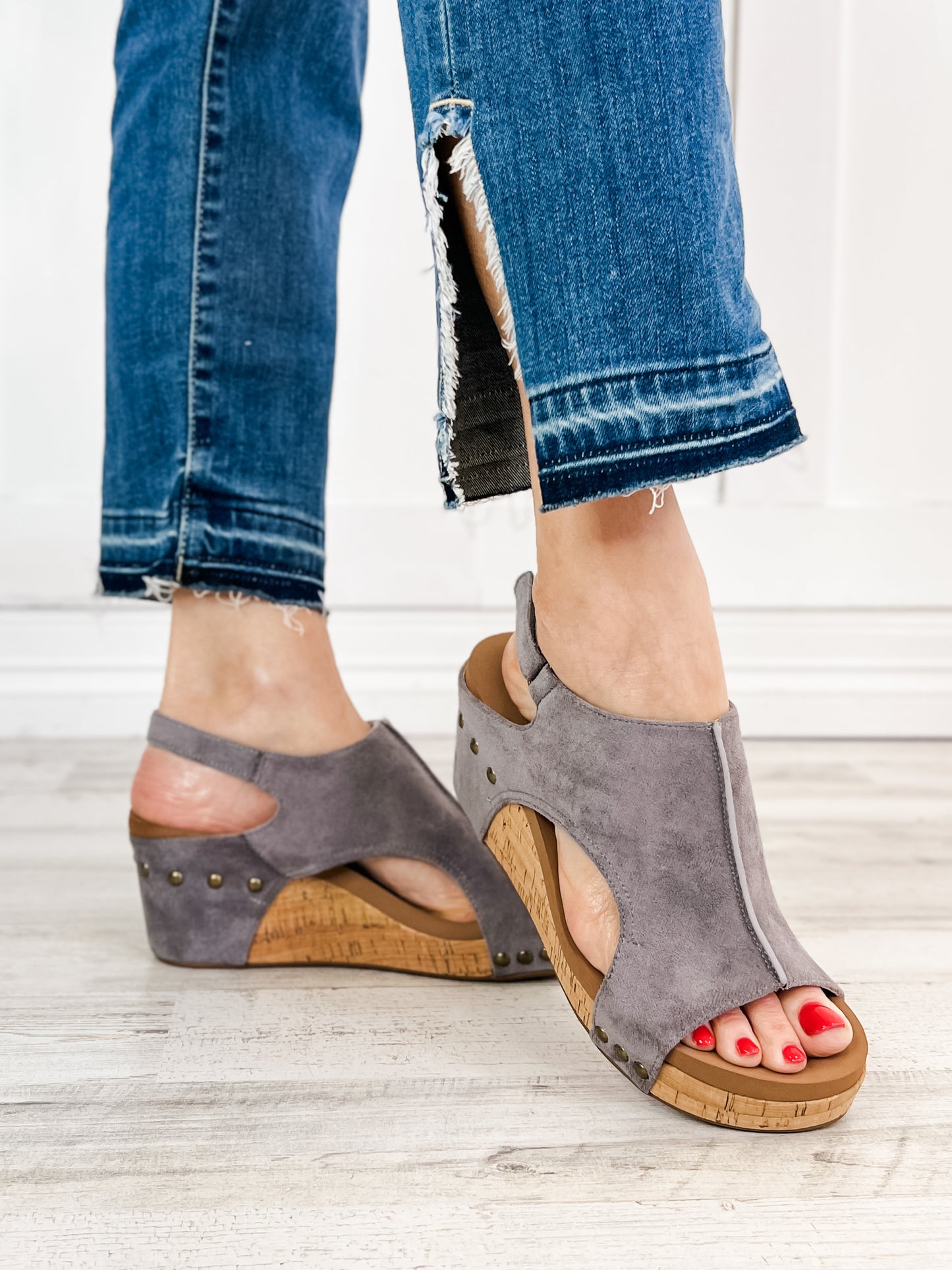 Corkys Carley Light Grey Faux Suede Wedge Shoe