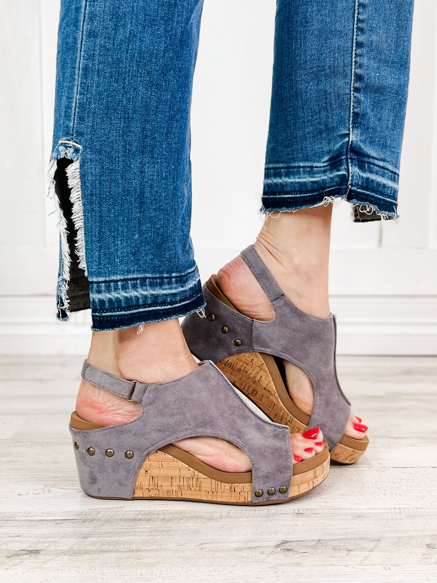 Corkys Carley Light Grey Faux Suede Wedge Shoe