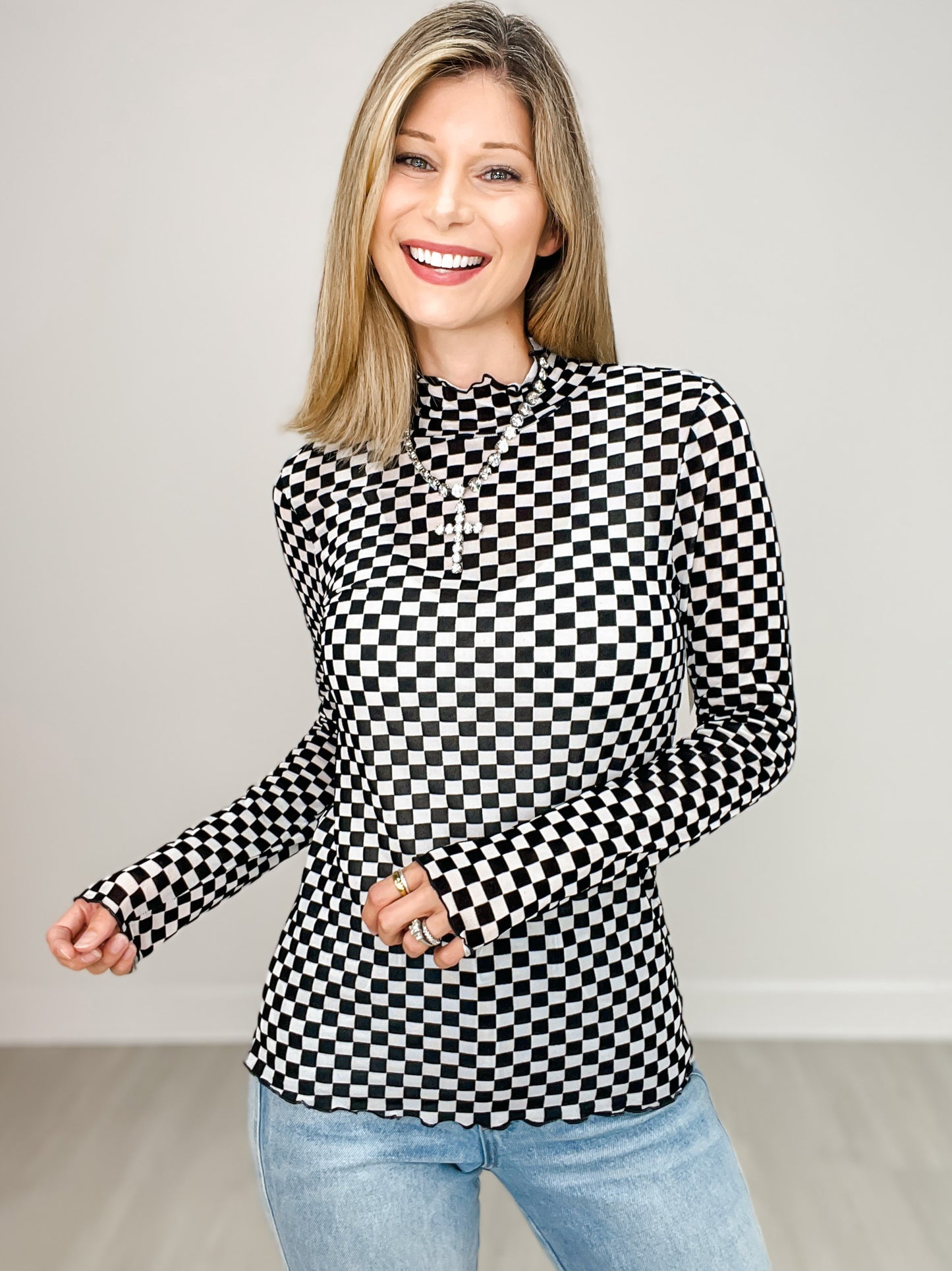 Long Sleeve Checkered Mock Neck Top