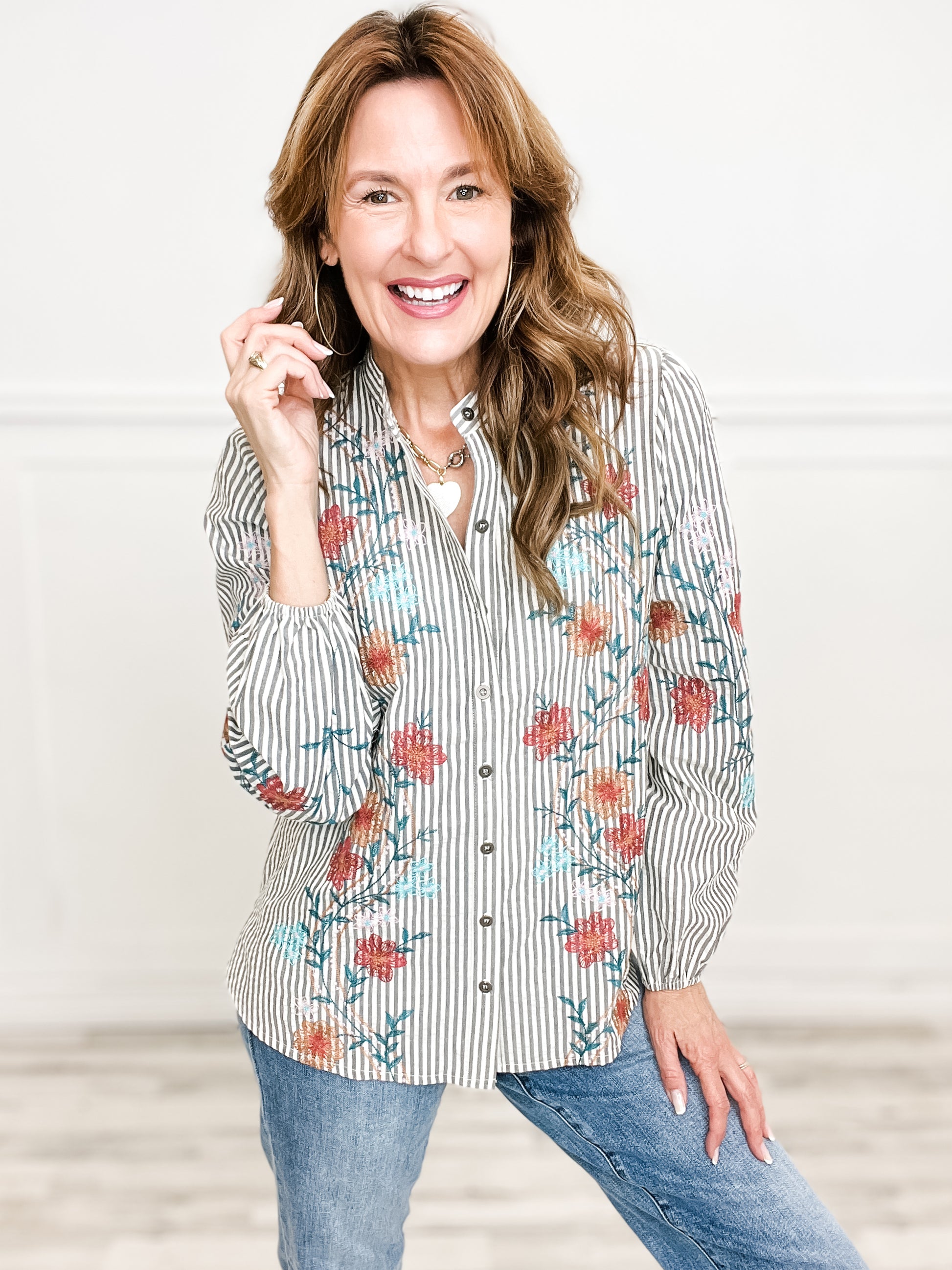 Balloon Sleeve Striped Button Down Top with Embroidery Details