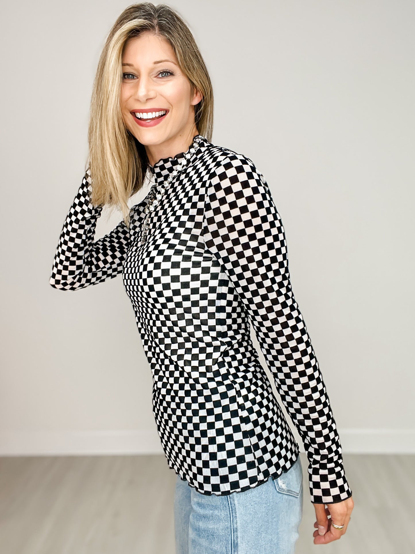 Long Sleeve Checkered Mock Neck Top
