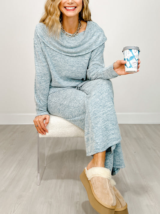 Two Piece Luxe Off Shoulder Top with Matching Pants in Dark Teal